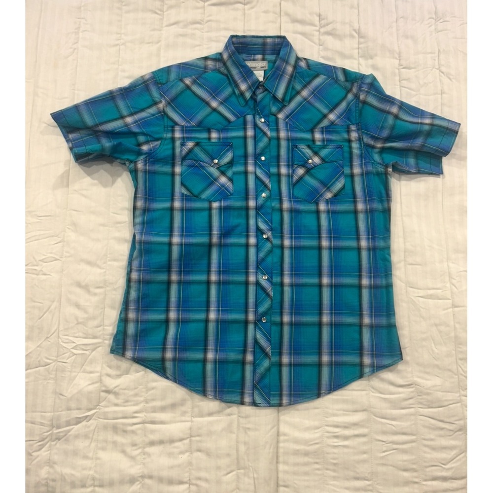 Wrangler Wrancher Western Shirt Plaid Pearl Snap Short Sleeve Turquoise L (527)